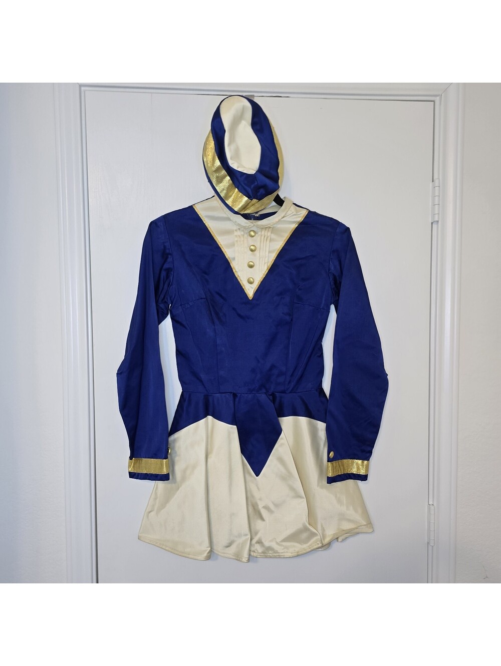 VTG Blue White Gold Dance Outfit Cheer Band Uniform Dress & Hat